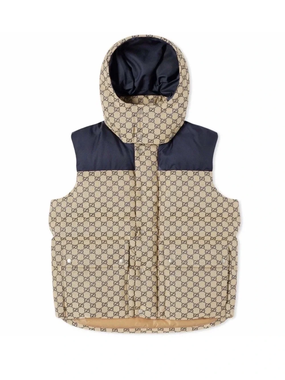 Gucci Navy and Beige GG Monogram Puffer Hooded Jacket